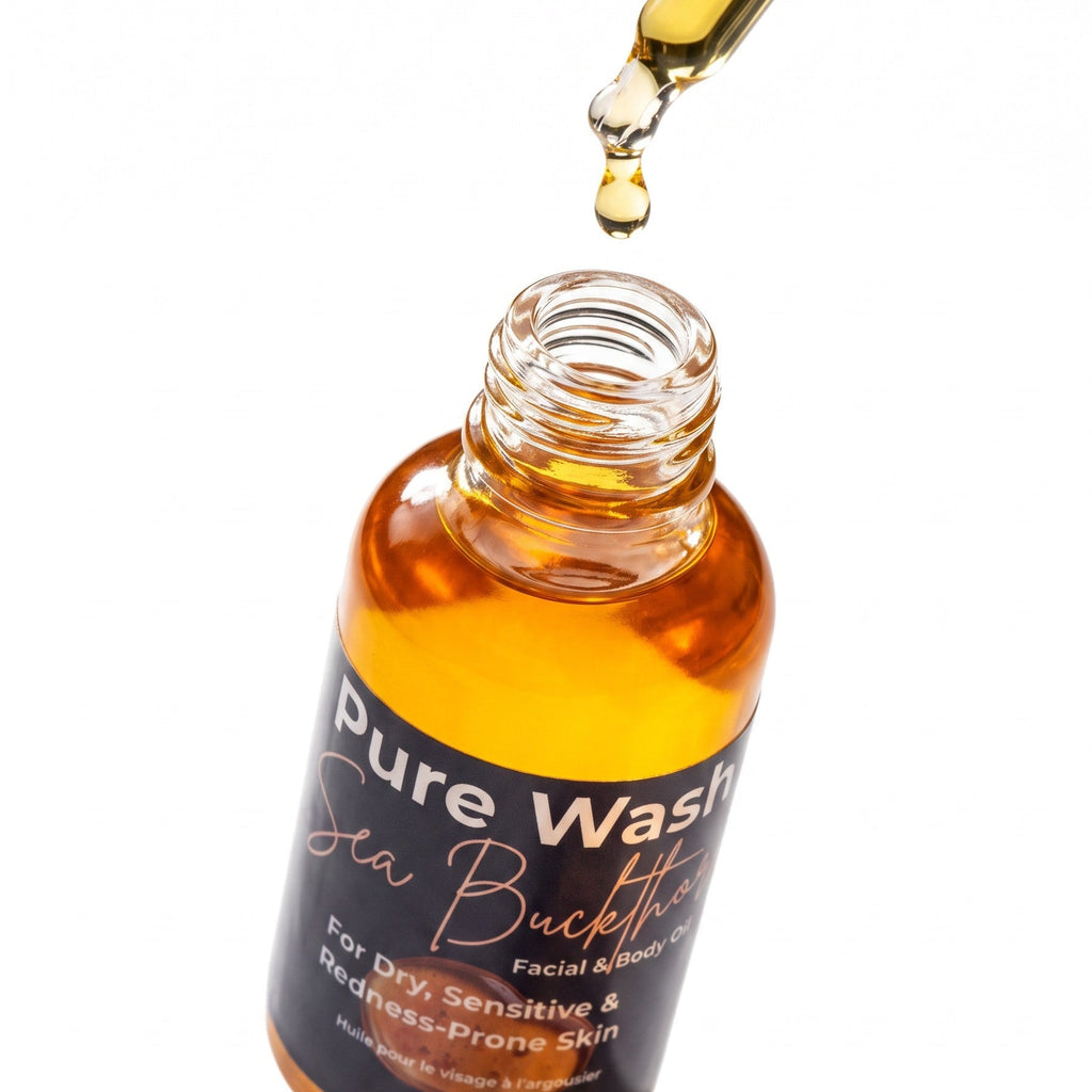 Pure Wash Sea Buckthorn Facial Oil bottle with dropper, showcasing the natural golden color of the nourishing facial oil.