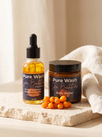 Pure Wash Sea Buckthorn Facial Oil bottle with dropper, showcasing natural skincare product for nourishing and revitalizing skin.