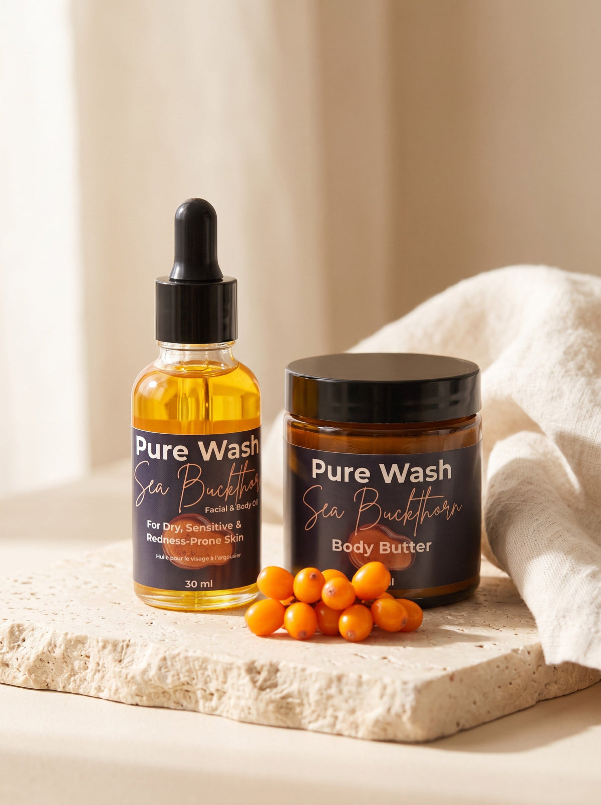 Pure Wash Sea Buckthorn Facial Oil bottle with dropper, showcasing natural skincare product for nourishing and revitalizing skin.