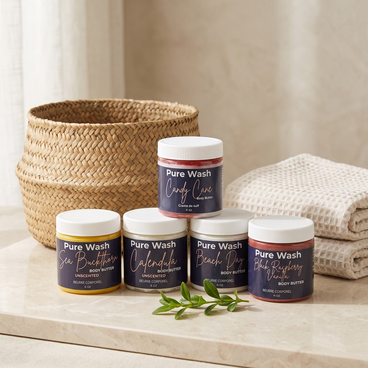 Pure Wash whipped body butter collection featuring luxurious lotion in various scents and textures for soft, moisturized skin.