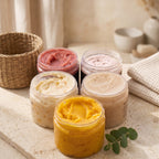 Creamy Pure Wash whipped body butter in a jar, showing smooth texture and luxurious lotion for nourishing skin.
