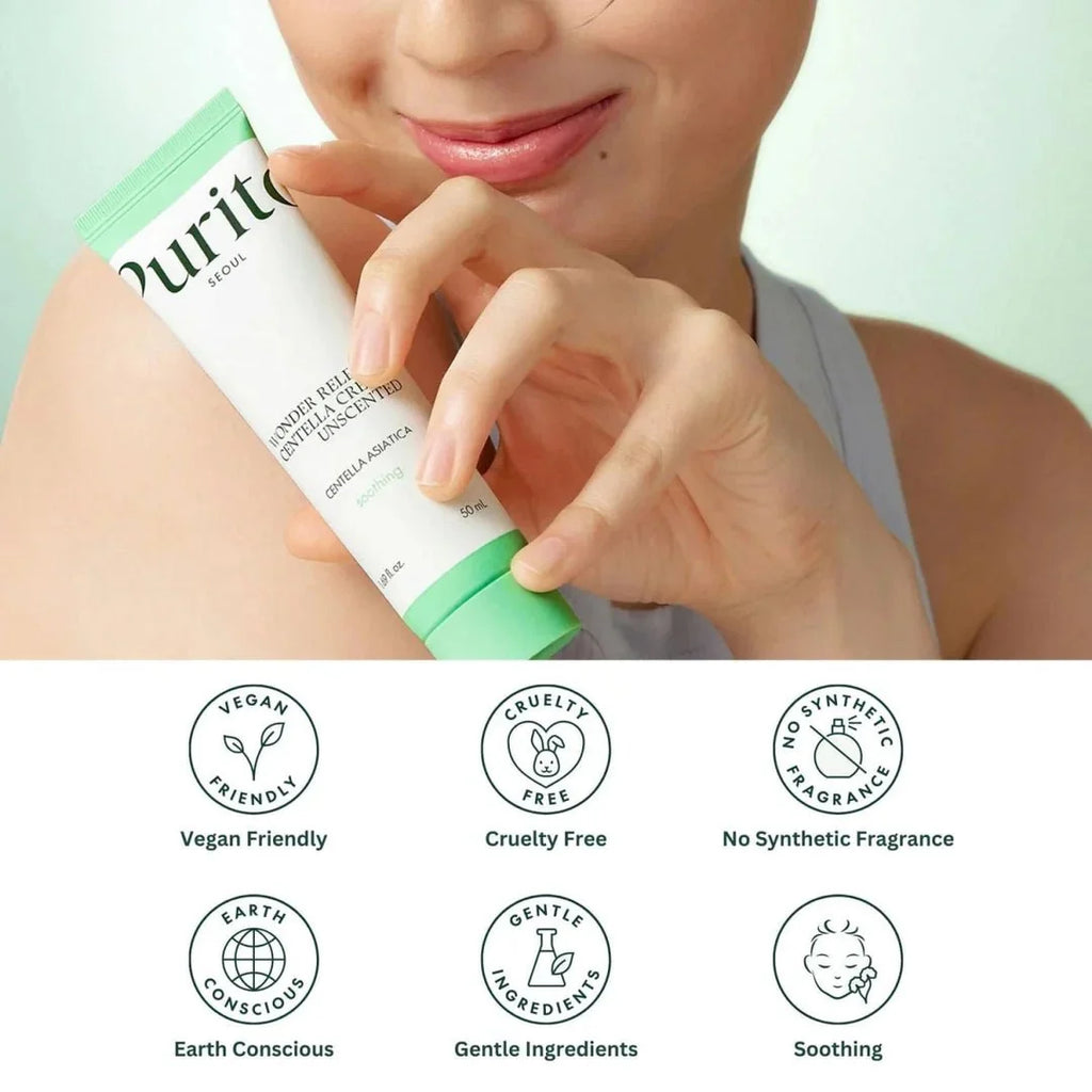 Lakinza K-beauty Purito Wonder Releaf Centella Cream Unscented 50ml jar showing smooth cream texture in a clean container