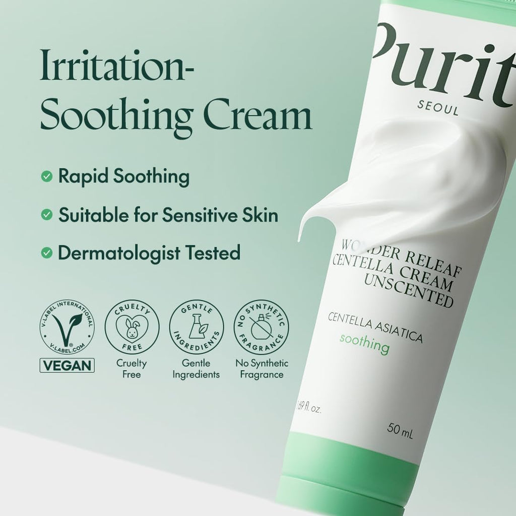 Lakinza K-beauty Purito Wonder Releaf Centella Cream Unscented 50ml, soothing skincare cream in a white jar with green accents.