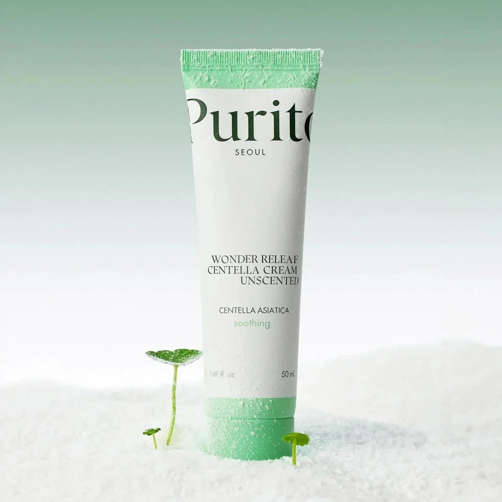 Lakinza K-beauty Purito Wonder Releaf Centella Cream Unscented 50ml jar with a white lid and minimalist design.