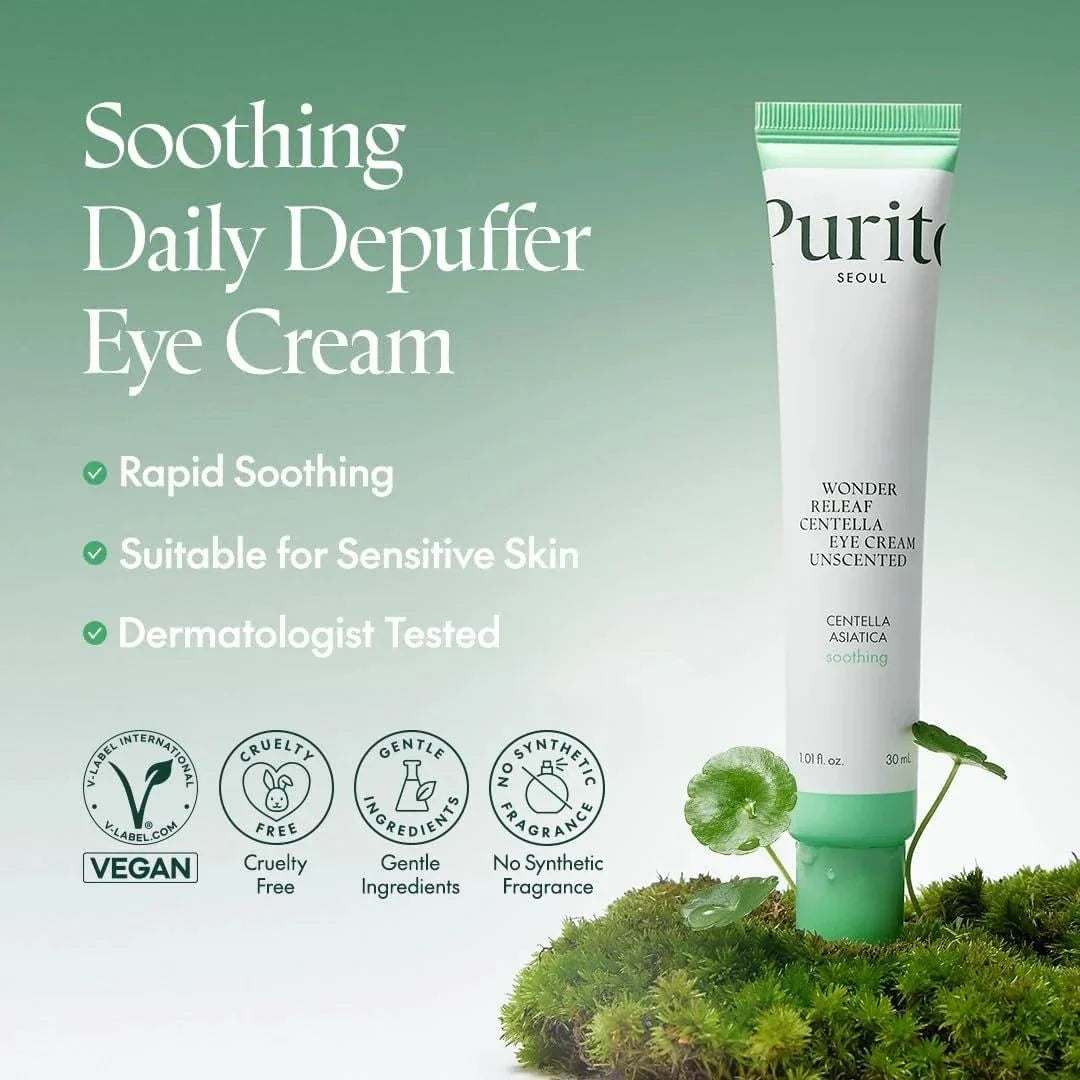 Lakinza Purito Wonder Releaf Centella Eye Cream in a 30ml jar, unscented, designed for soothing and hydrating delicate eye area.