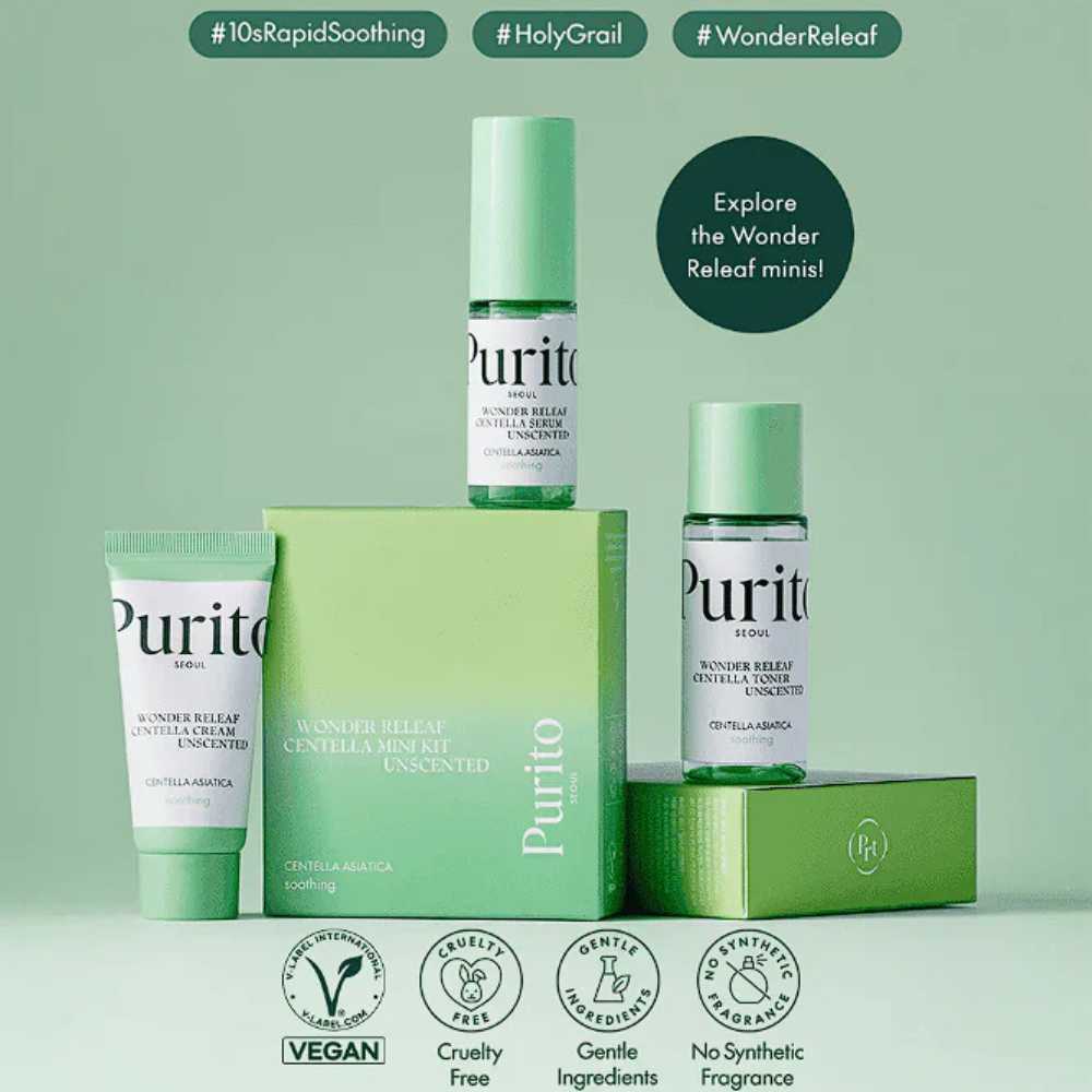 Lakinza K-beauty Purito Wonder Releaf Centella Mini Kit trial skincare set with soothing centella-based products.