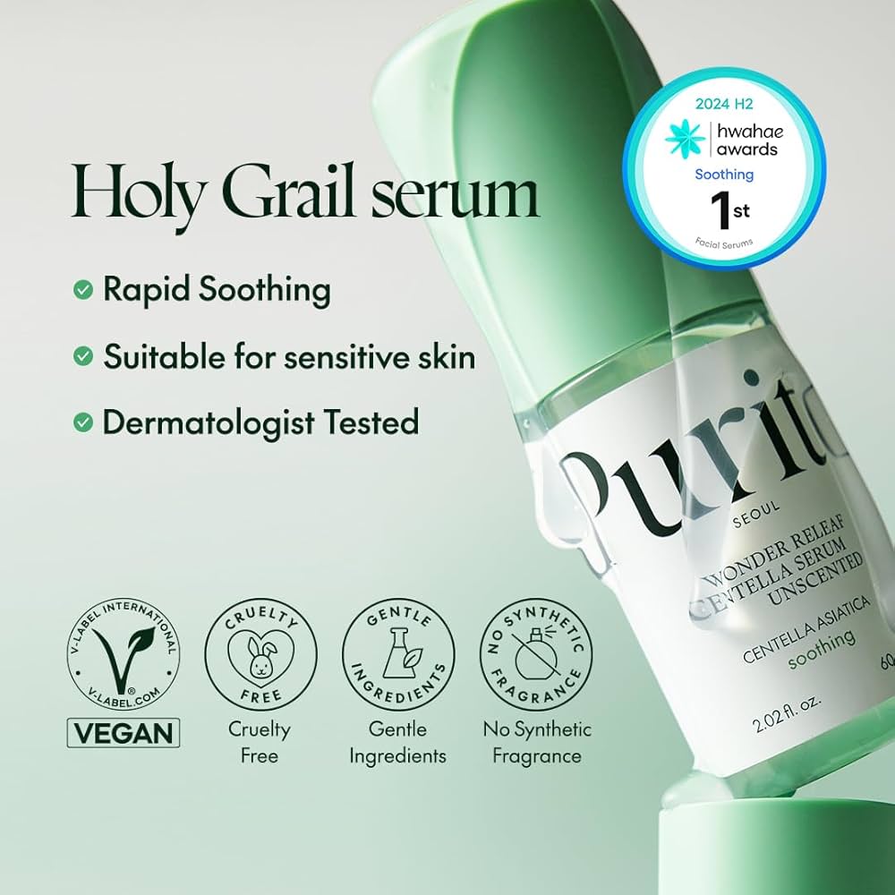 Lakinza Purito Wonder Releaf Centella Serum Unscented in 60ml bottle, featuring clear serum with centella extract for soothing skincare