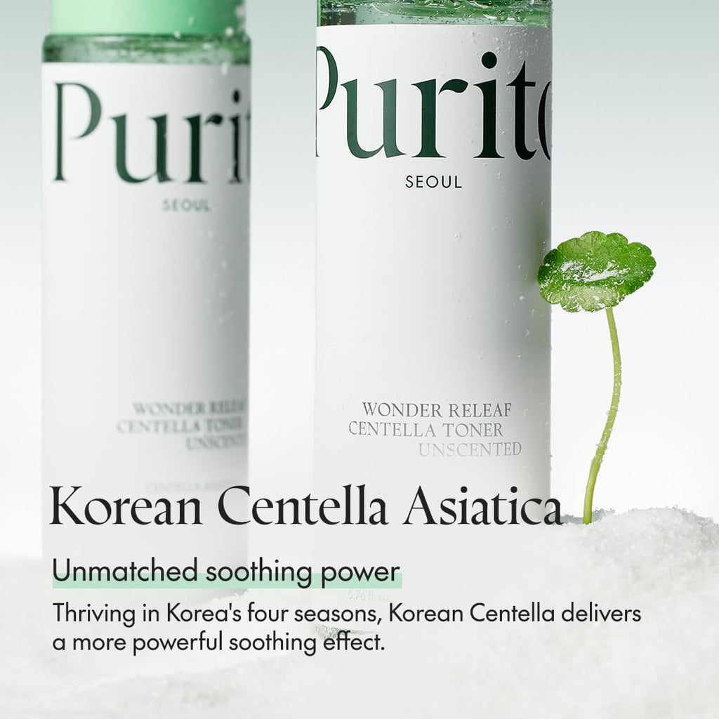 Lakinza K-beauty Purito Wonder Releaf Centella Toner Unscented 200ml bottle with a minimalist label and clear liquid inside.