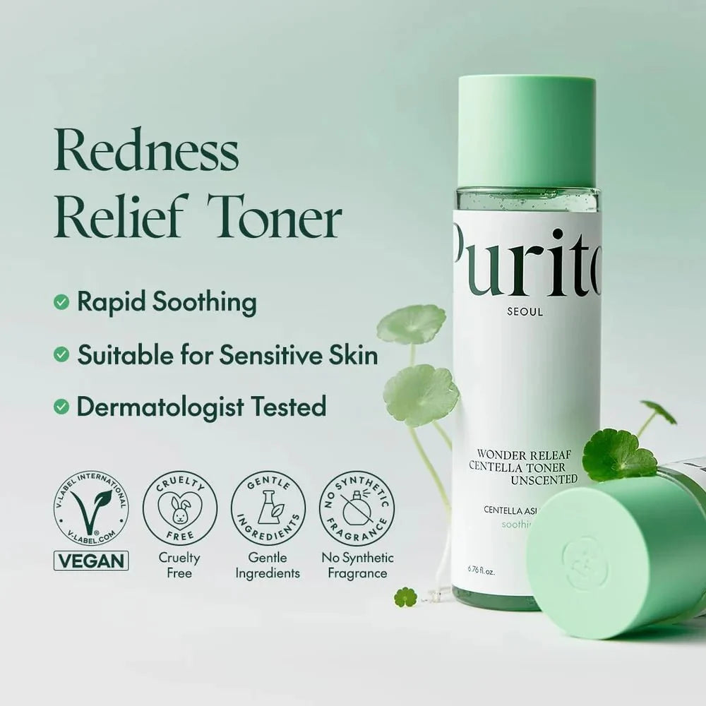 Lakinza K-beauty Purito Wonder Releaf Centella Toner Unscented 200ml bottle with label and clear liquid inside.