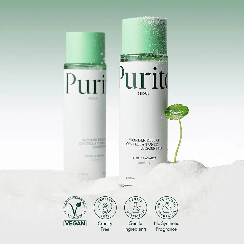 Lakinza K-beauty Purito Wonder Releaf Centella Toner Unscented 200ml bottle with label and transparent liquid in a skincare product image.