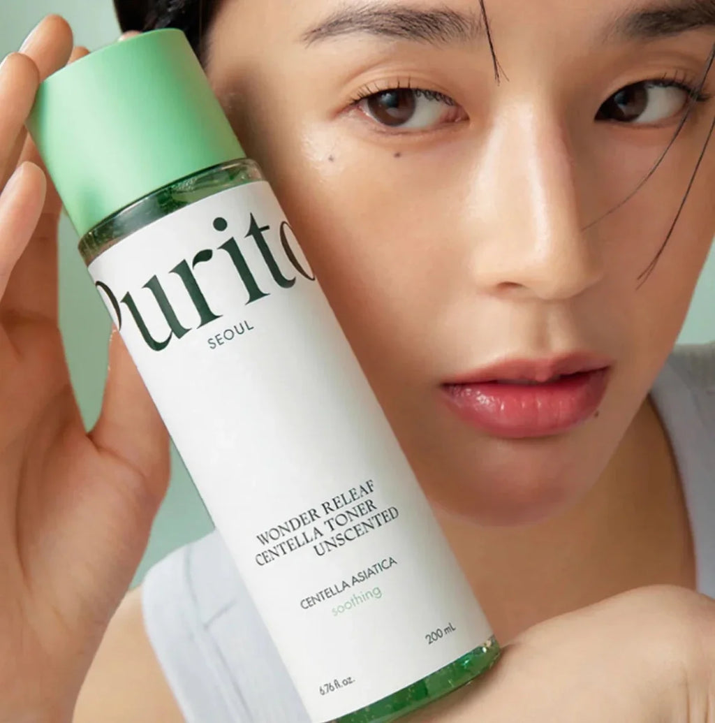 Lakinza K-beauty Purito Wonder Releaf Centella Toner Unscented in 200ml bottle, showing clear liquid and minimalist packaging.