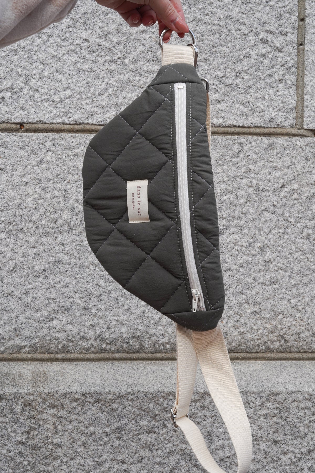 Recycled zippered belt bag from Dans Le Sac with a quilted forest pattern, designed for eco-friendly and stylish storage.