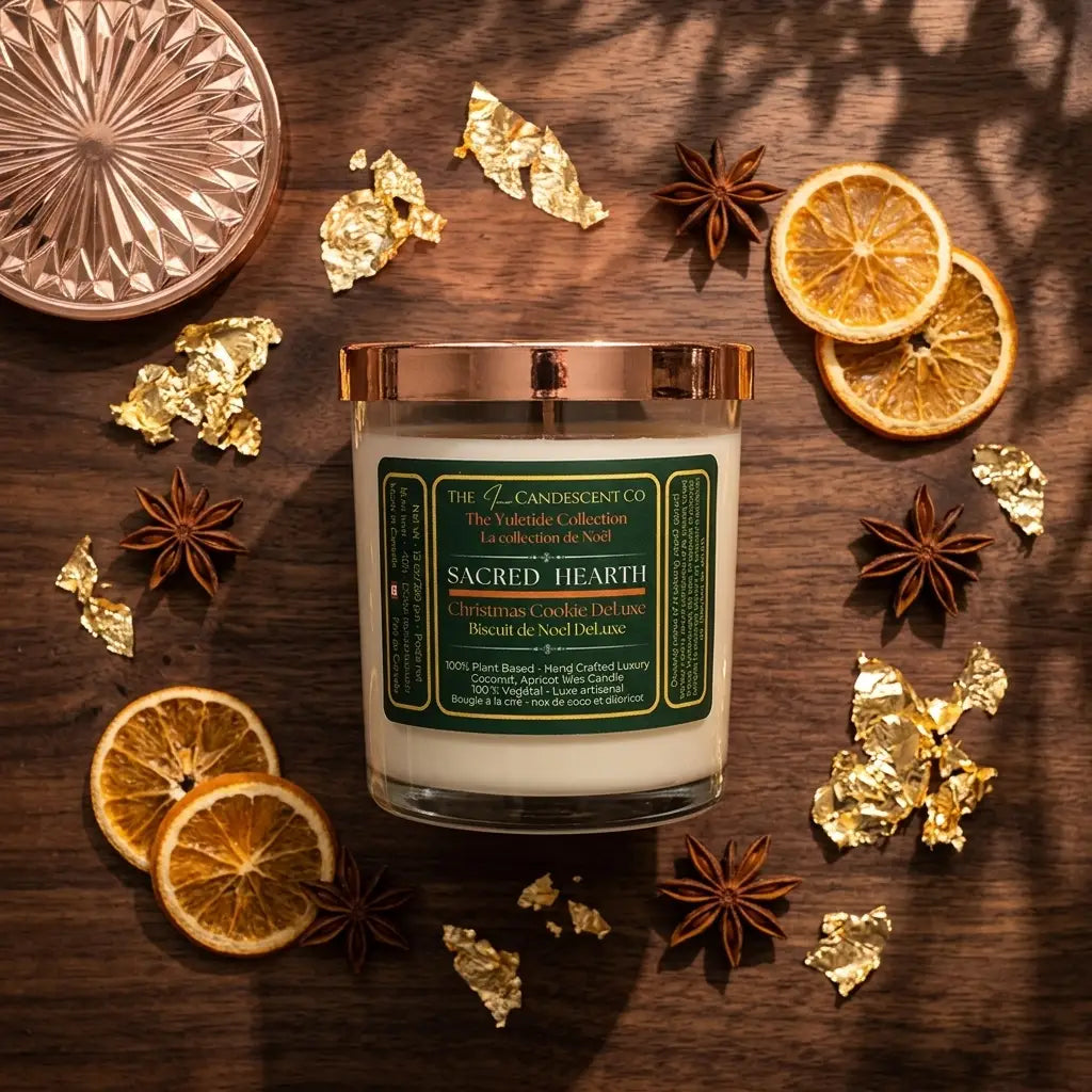 Sacred Hearth luxury coconut apricot wax candle from The InnerCandescent Co with warm spiced Christmas scent and decorative label.