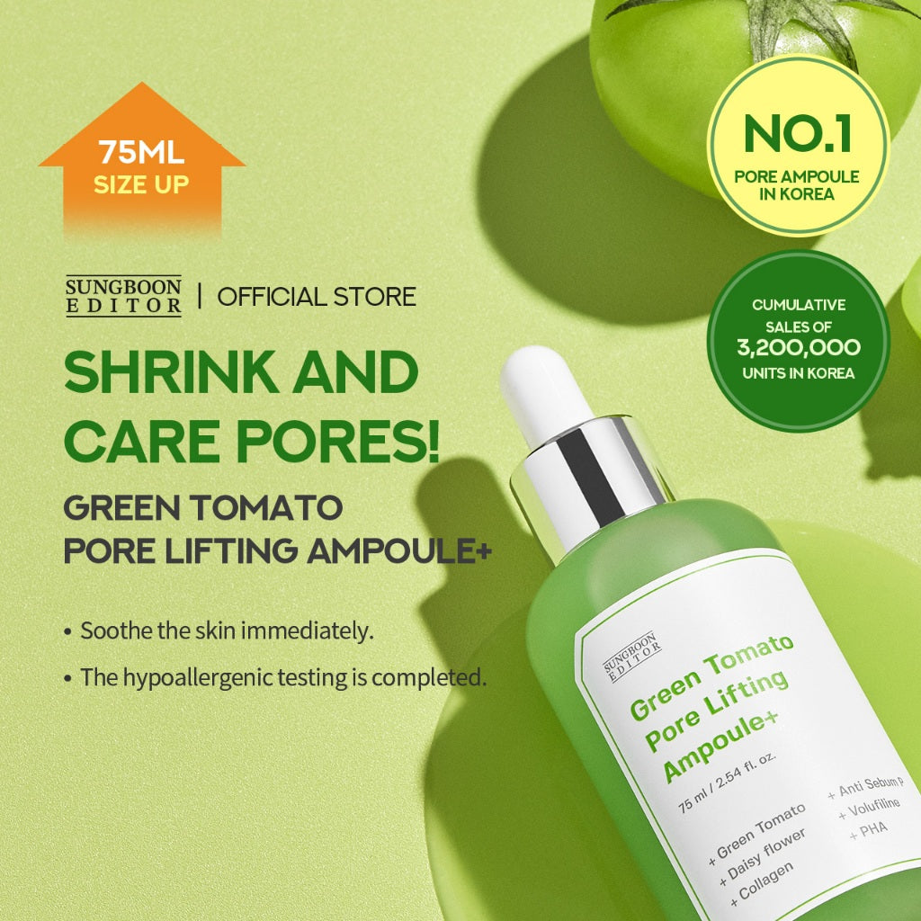 HYAKU Beauty & Living SUNGBOON EDITOR Green Tomato Pore Lifting Ampoule serum in a 75ml bottle, with a sleek green and white packaging.