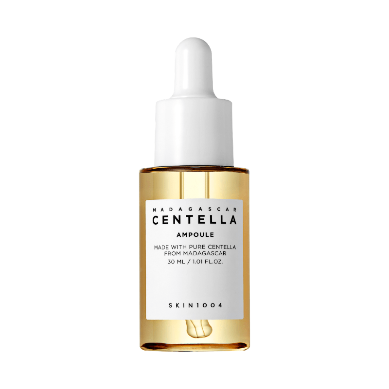 Lakinza K-beauty SKIN1004 Madagascar Centella Ampoule serum bottle, 30ml, with green label and dropper cap visible.
