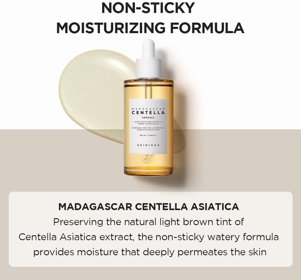 Lakinza K-beauty SKIN1004 Madagascar Centella Ampoule 55ml in a clear glass bottle with dropper for skincare.