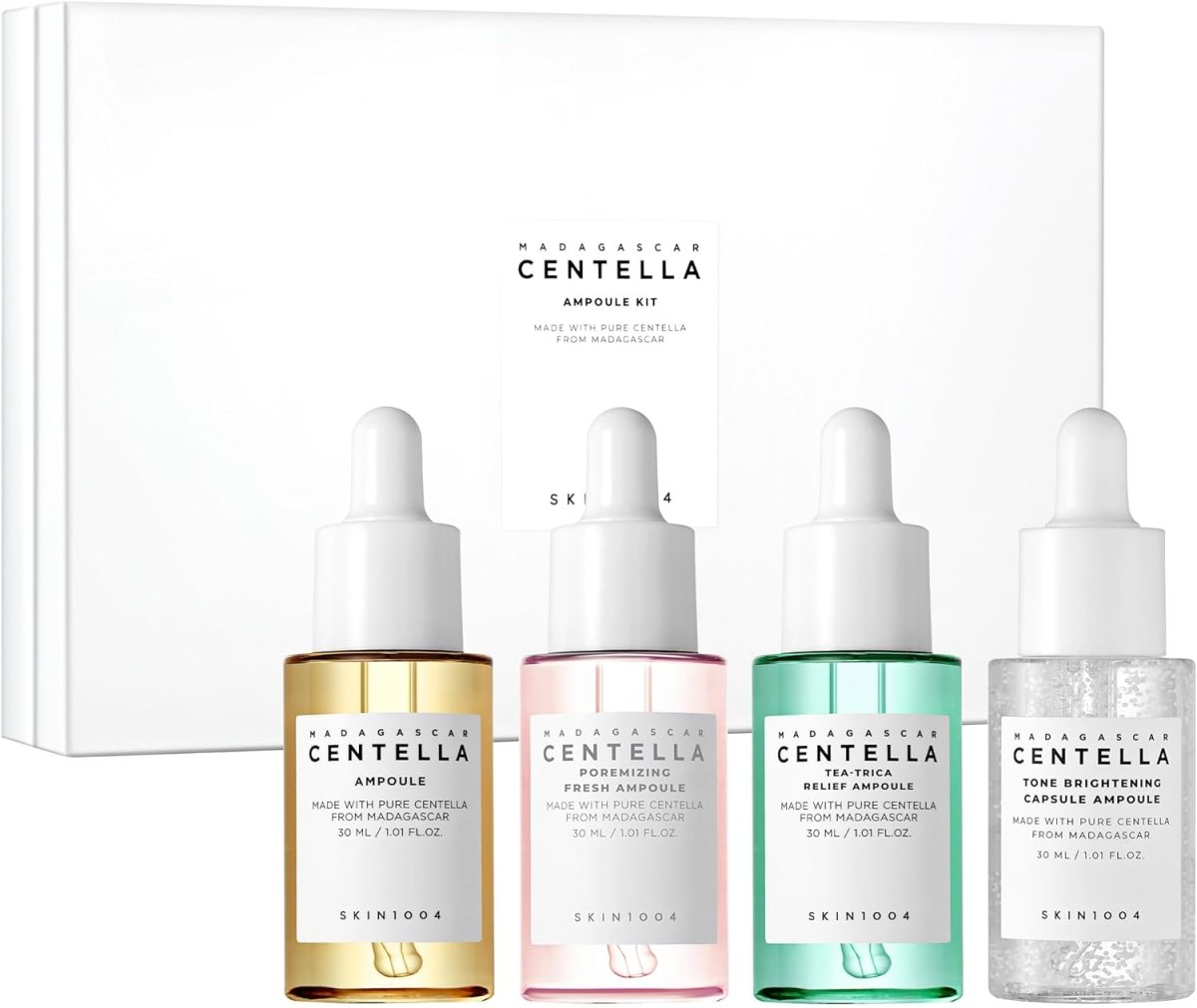 Lakinza K-beauty SKIN1004 Madagascar Centella Ampoule Trial Kit with small bottles and packaging for skincare sampling.