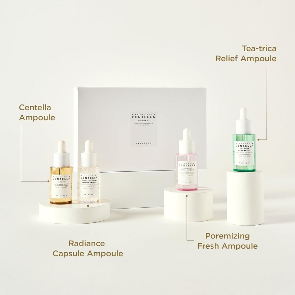 Lakinza K-beauty SKIN1004 Madagascar Centella Ampoule Trial Kit with small bottles in a clear box.