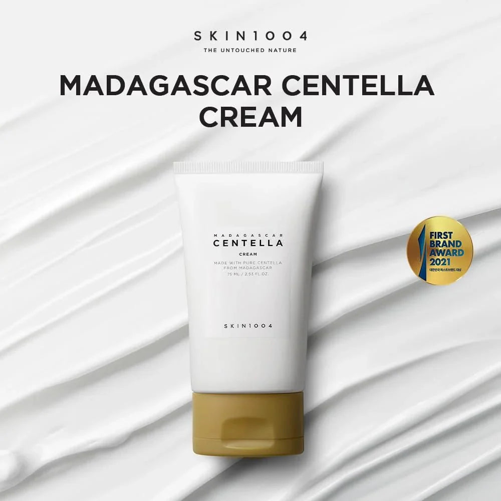 Lakinza K-beauty SKIN1004 Madagascar Centella Cream 75ml jar with white and green packaging, skincare product on a neutral background.