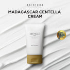 Lakinza K-beauty SKIN1004 Madagascar Centella Cream 75ml jar with white and green packaging, skincare product on a neutral background.