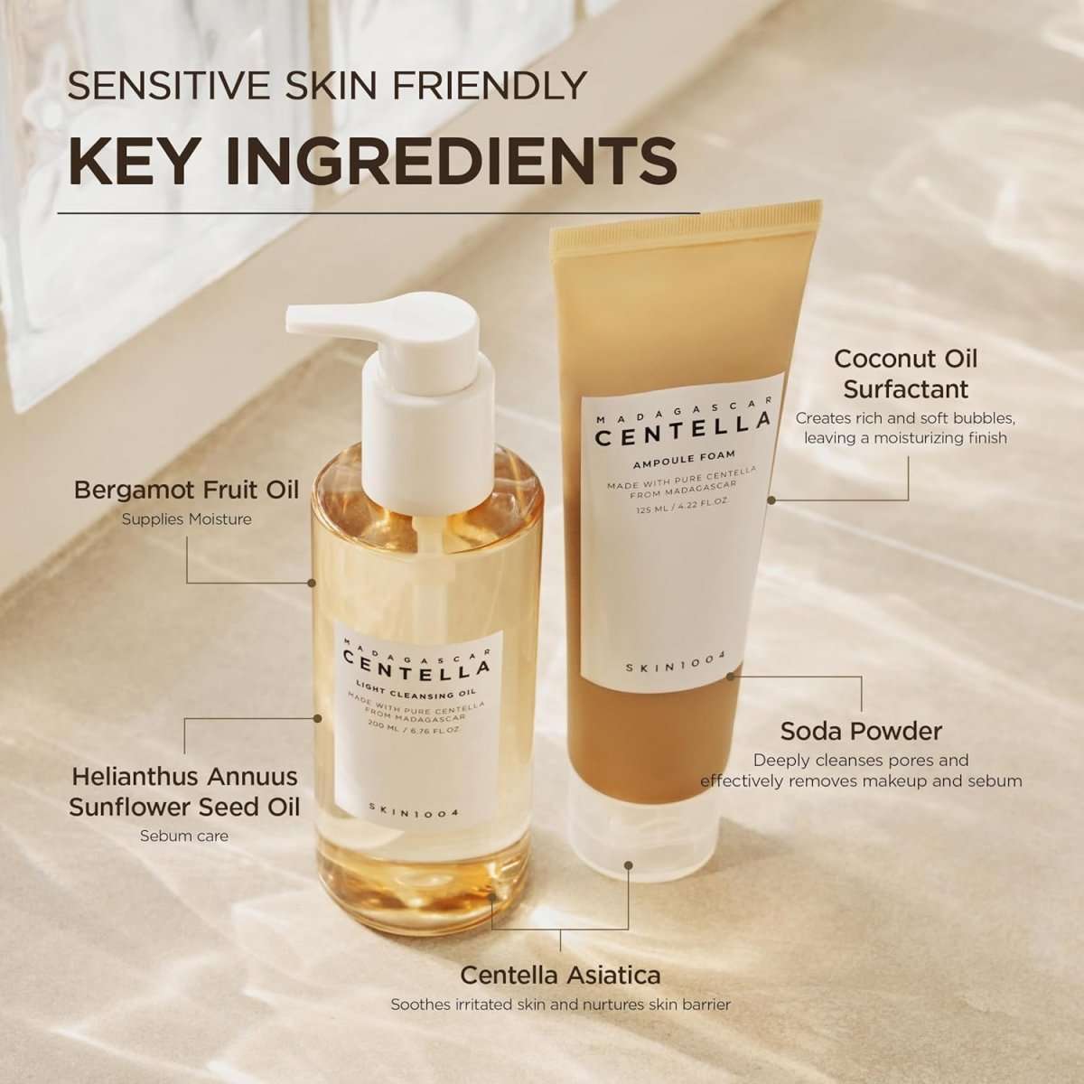 Lakinza K-beauty SKIN1004 Madagascar Centella Double Cleansing Duo with cleanser bottles, designed for gentle, effective skin cleansing.