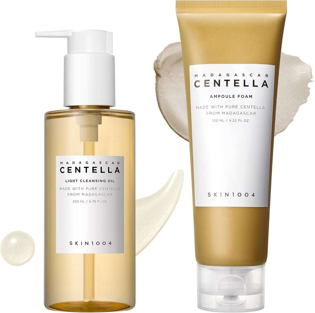 SKIN1004 Madagascar Centella Double Cleansing Duo, two cleanser bottles with green and white packaging, on a white background.