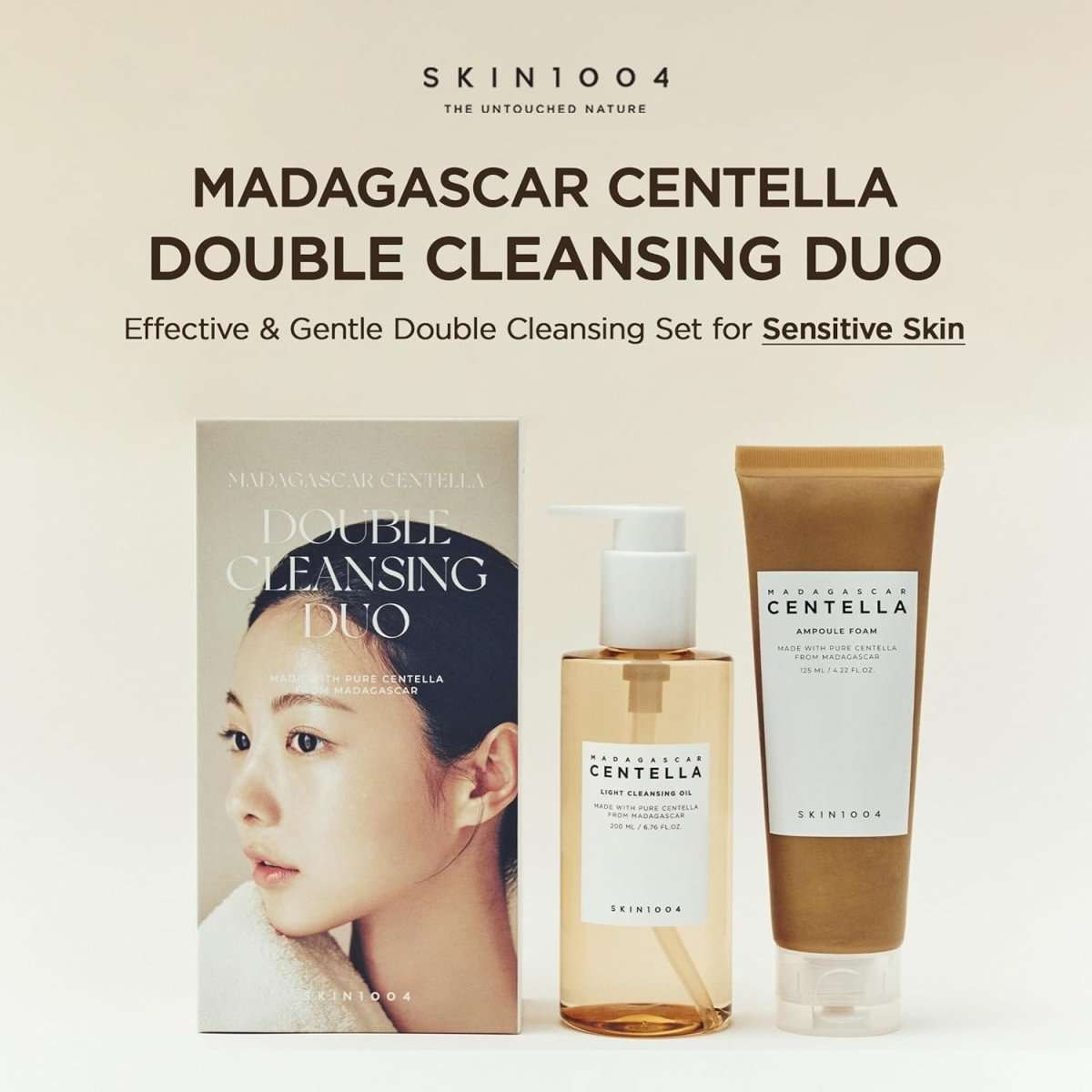 Lakinza K-beauty SKIN1004 Madagascar Centella Double Cleansing Duo with cleanser bottles and product packaging.