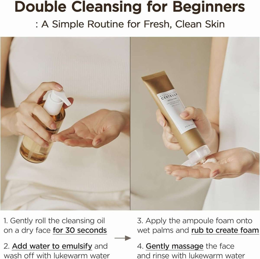 SKIN1004 Madagascar Centella Double Cleansing Duo, clean and gentle K-beauty cleanser set with skincare products in packaging.