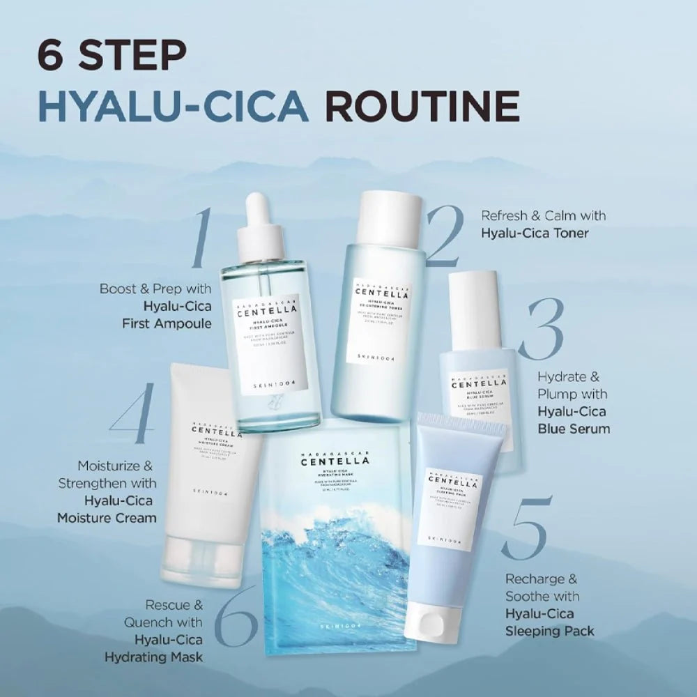 Miniature SKIN1004 Madagascar Centella Hyalu-Cica Blue Serum bottle by Lakinza K-beauty, featuring blue serum and Centella extract.