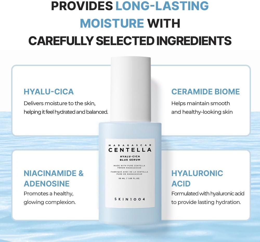 SKIN1004 Madagascar Centella Hyalu-Cica Blue Serum 50ml in a clear blue bottle, featuring a dropper applicator on a white background.