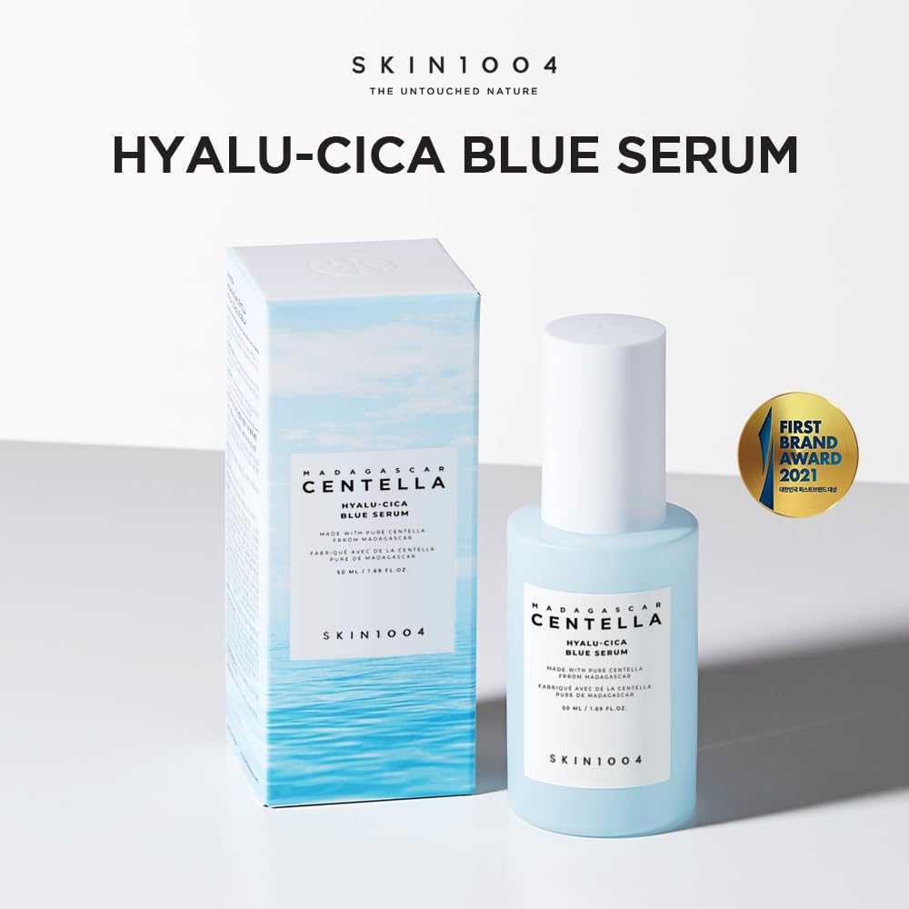 Lakinza K-beauty SKIN1004 Madagascar Centella Hyalu-Cica Blue Serum 50ml bottle with blue label and dropper applicator