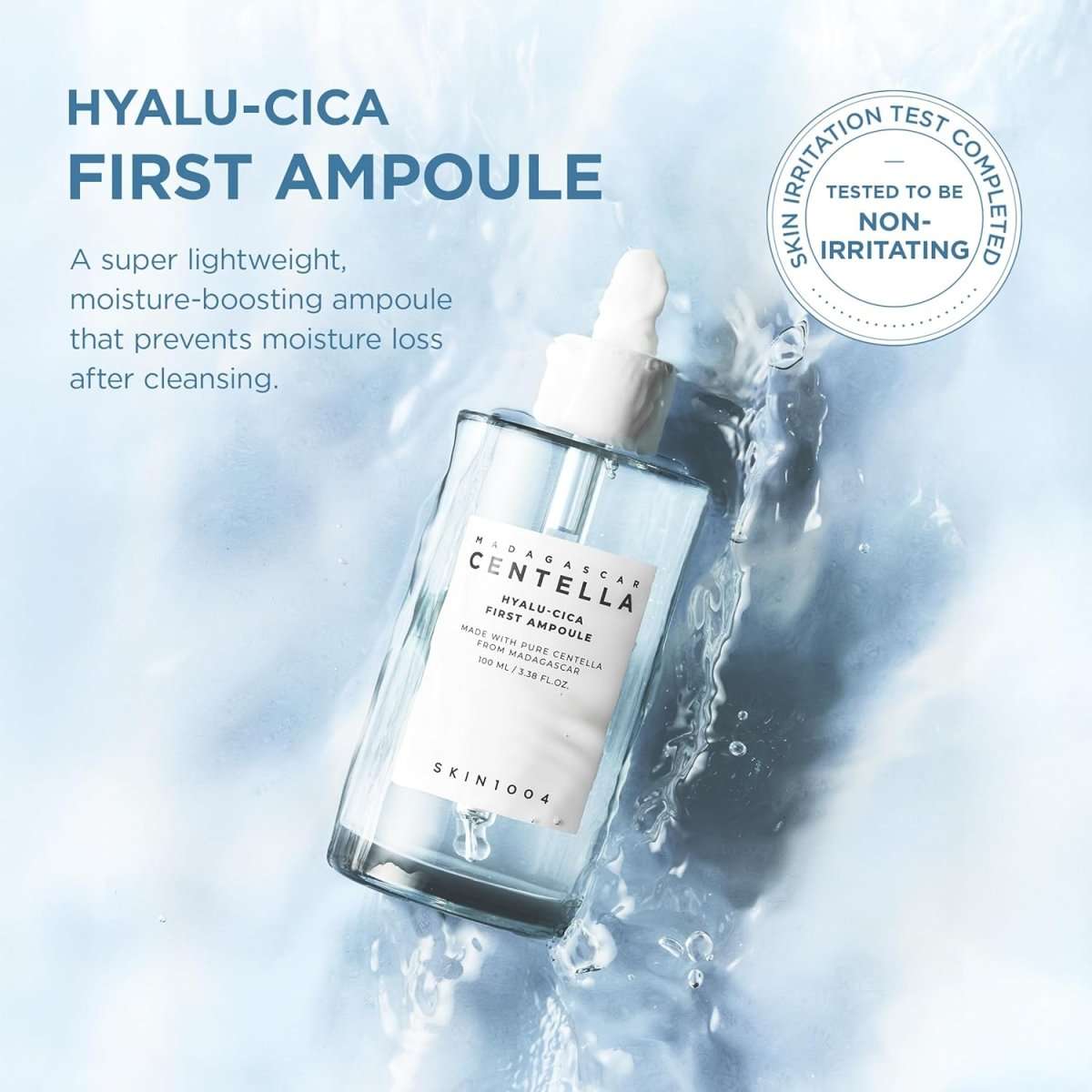 Lakinza K-beauty SKIN1004 Madagascar Centella Hyalu-Cica First Ampoule 100ml bottle with dropper, skincare product for hydration and soothing.