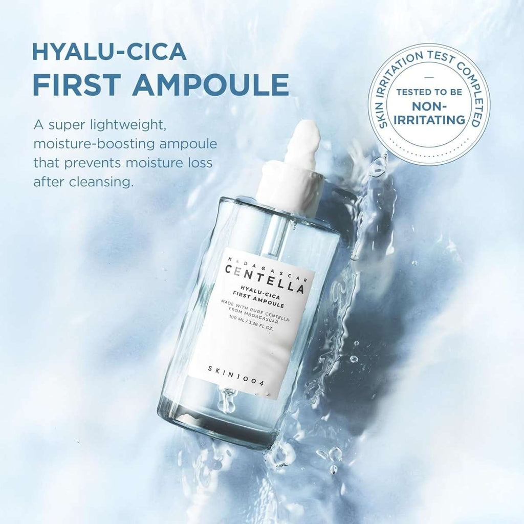 Lakinza K-beauty SKIN1004 Madagascar Centella Hyalu-Cica First Ampoule 100ml bottle with dropper, skincare product for hydration and soothing.