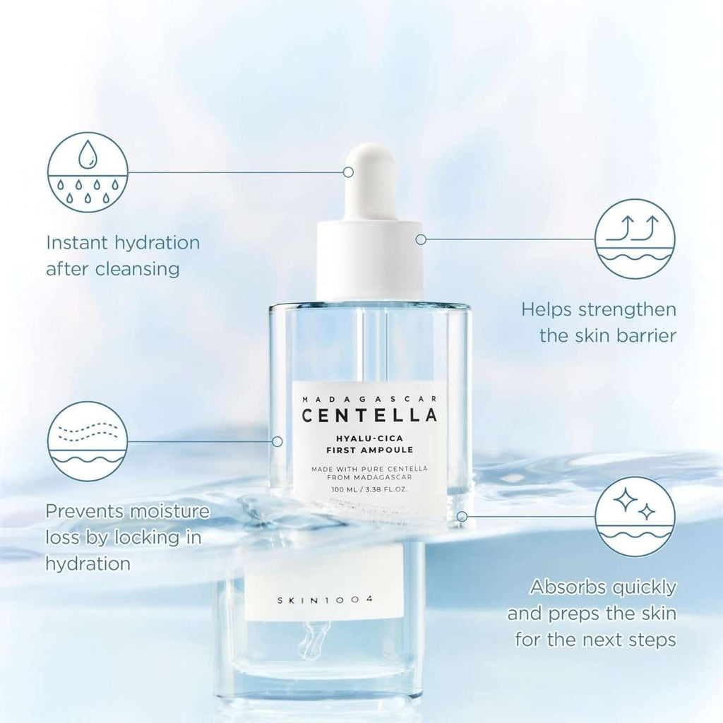 Lakinza K-beauty SKIN1004 Madagascar Centella Hyalu-Cica First Ampoule 100ml bottle with clear liquid and pump dispenser