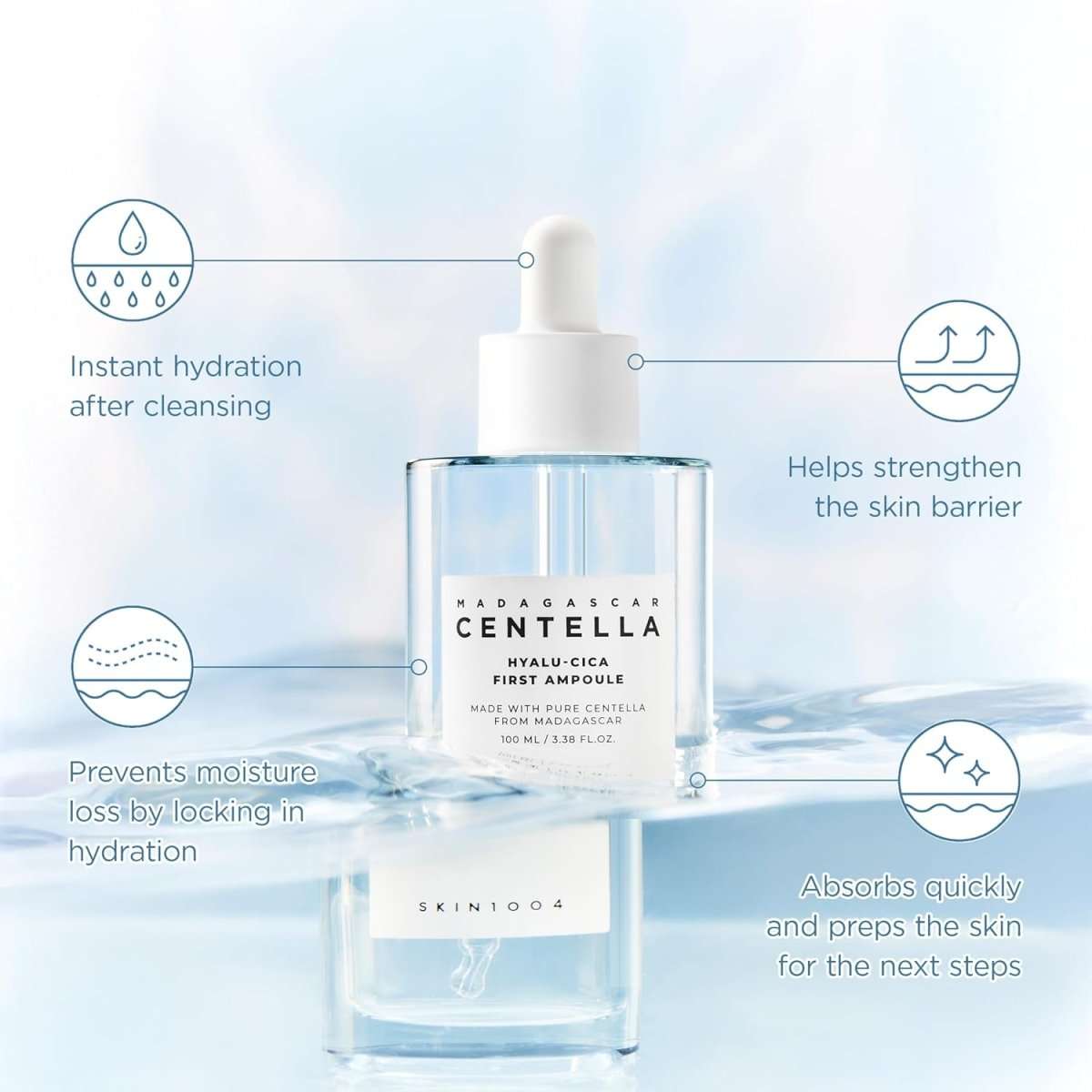 Lakinza K-beauty SKIN1004 Madagascar Centella Hyalu-Cica First Ampoule 100ml bottle with clear liquid and pump dispenser