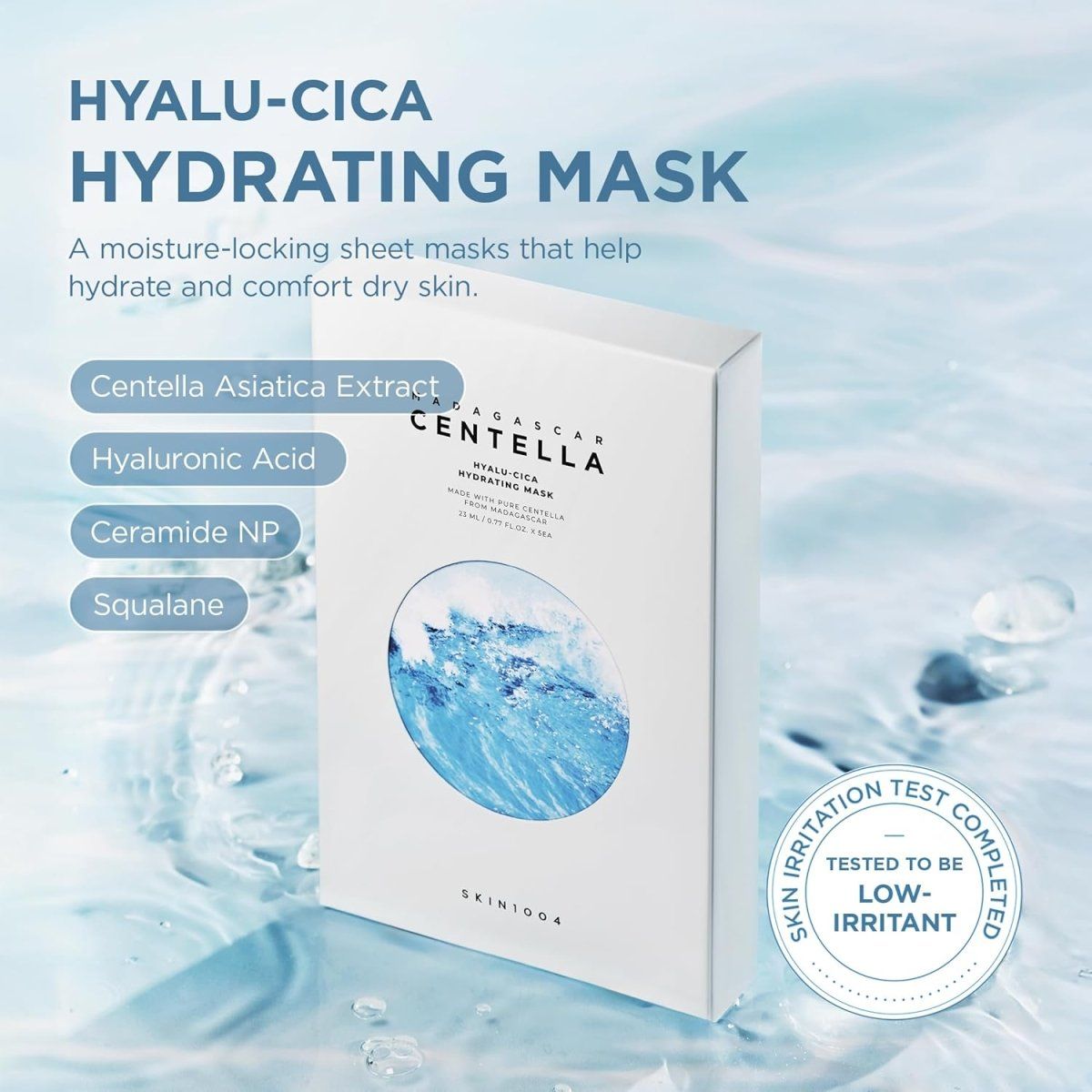 Lakinza K-beauty SKIN1004 Madagascar Centella Hyalu-Cica Hydrating Mask in 23ml jar, featuring soothing ingredients and hydrating formula