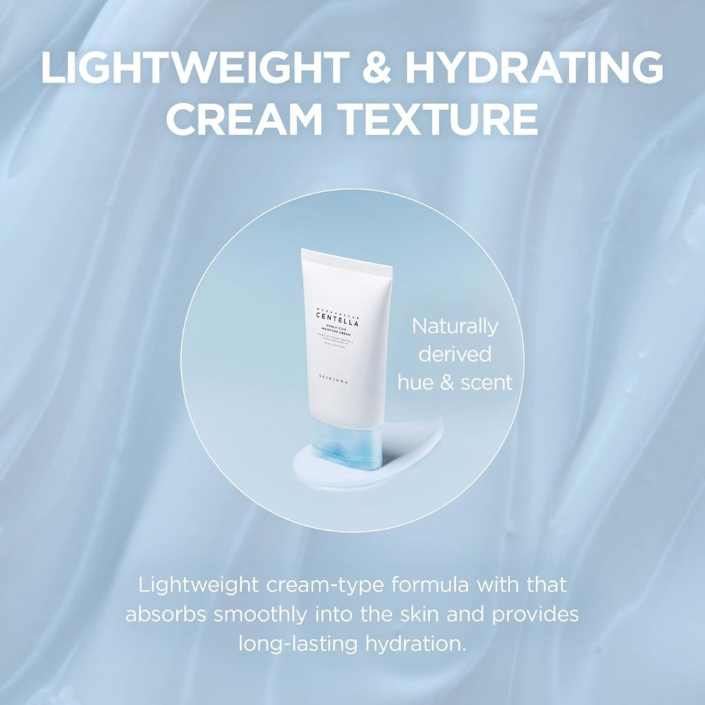 Lakinza K-beauty SKIN1004 Madagascar Centella Hyalu-Cica Moisture Cream 75ml jar, creamy texture, and hydrating formula.