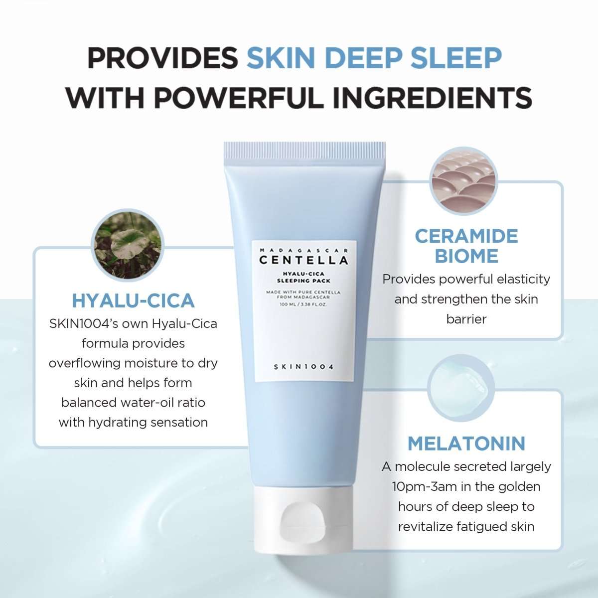 Lakinza K-beauty SKIN1004 Madagascar Centella Hyalu-Cica Sleeping Pack 100ml moisturizer in a jar, featuring a green and white design