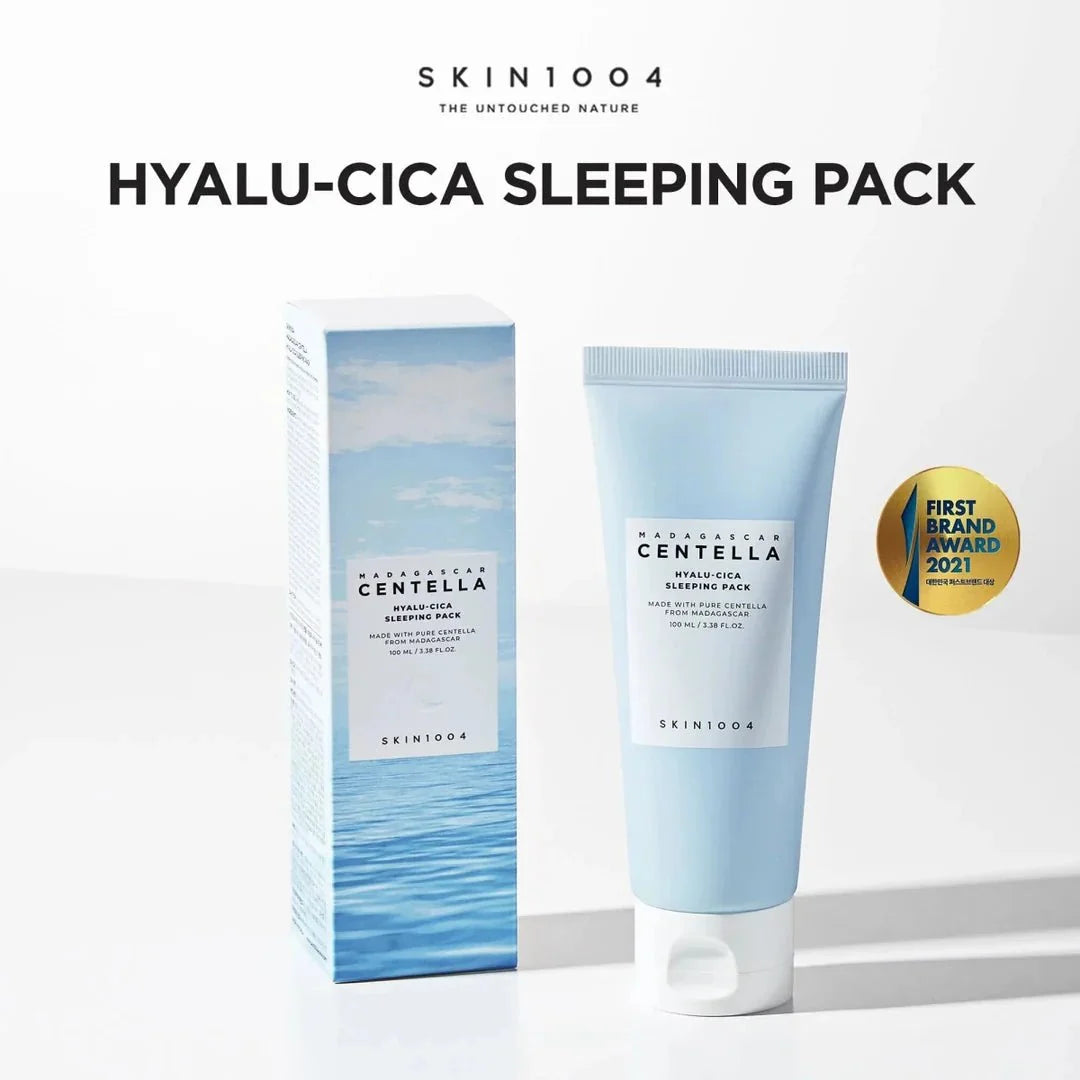 Lakinza K-beauty SKIN1004 Madagascar Centella Hyalu-Cica Sleeping Pack moisturizer in a jar with a white lid.