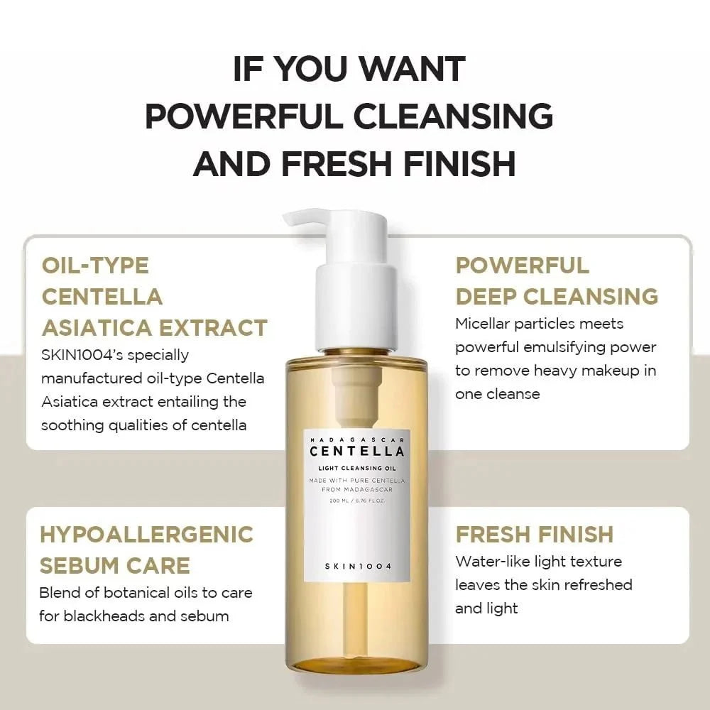 Lakinza K-beauty SKIN1004 Madagascar Centella Light Cleansing Oil 200ml for gentle Korean skincare, showing the cleansing oil bottle.