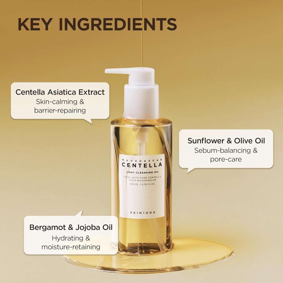 SKIN1004 Madagascar Centella Light Cleansing Oil in a 200ml bottle, gentle cleanser with centella for clear, healthy skin.