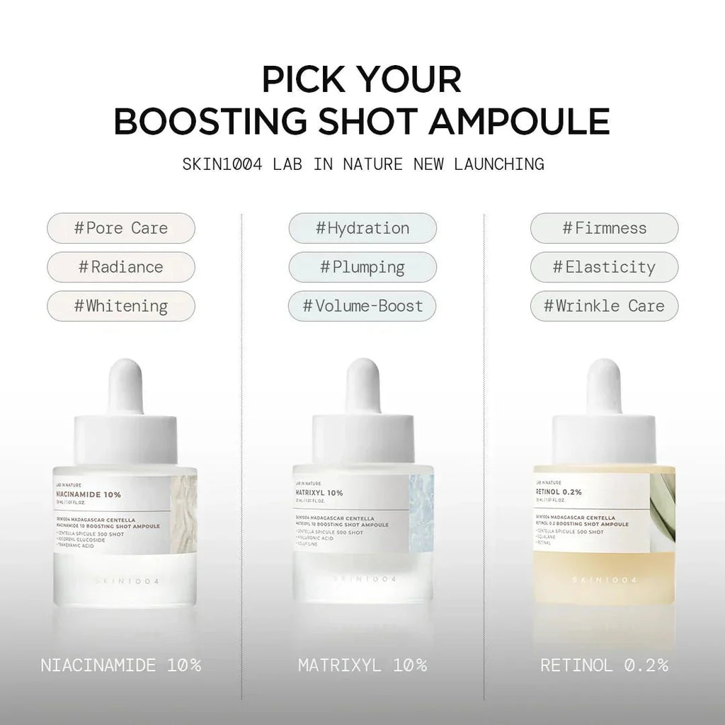 SKIN1004 Madagascar Centella Retinol 0.2 Boosting Shot Ampoule 30ml from Lakinza K-beauty, featuring a clear glass bottle with dropper