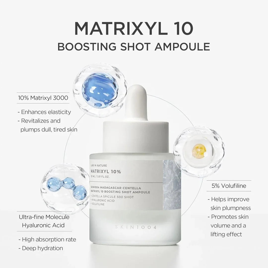 SKIN1004 Madagascar Centella Matrixyl 10 Boosting Shot Ampoule 30ml by Lakinza K-beauty, clear glass bottle with dropper