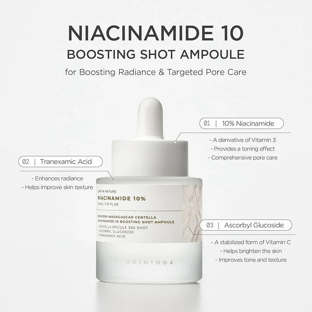 Lakinza K-beauty SKIN1004 Madagascar Centella Niacinamide 10 Boosting Shot Ampoule 30ml bottle with dropper for skincare.