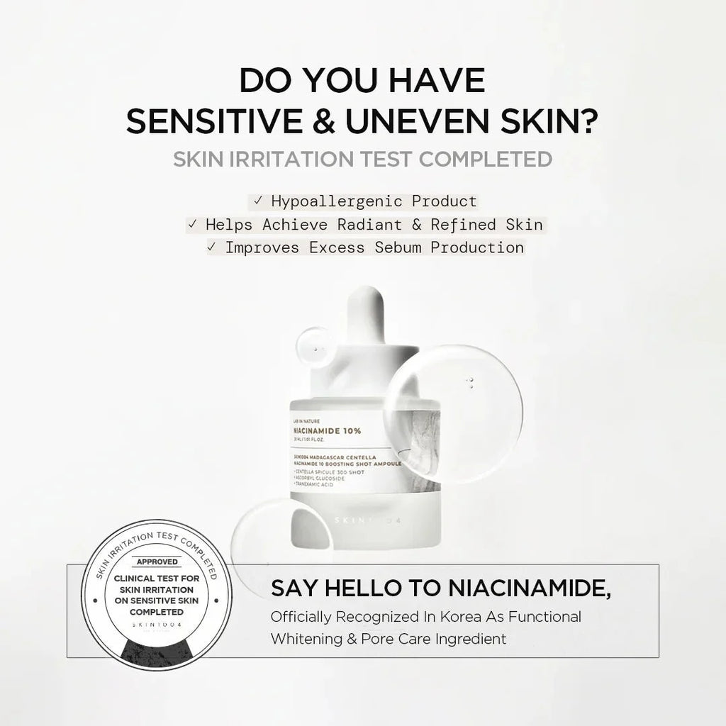 Lakinza K-beauty SKIN1004 Madagascar Centella Niacinamide 10 Boosting Shot Ampoule 30ml, clear glass bottle with dropper.
