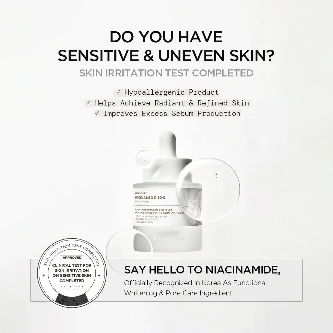 Lakinza K-beauty SKIN1004 Madagascar Centella Niacinamide 10 Boosting Shot Ampoule 30ml, clear glass bottle with dropper.