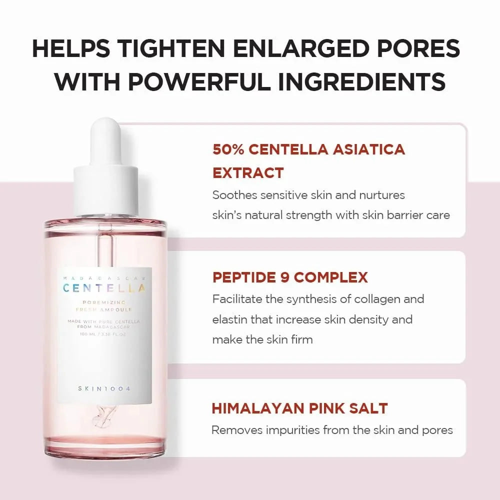 Lakinza K-beauty SKIN1004 Madagascar Centella Poremizing Fresh Ampoule serum in 30ml bottle, clear liquid with dropper applicator
