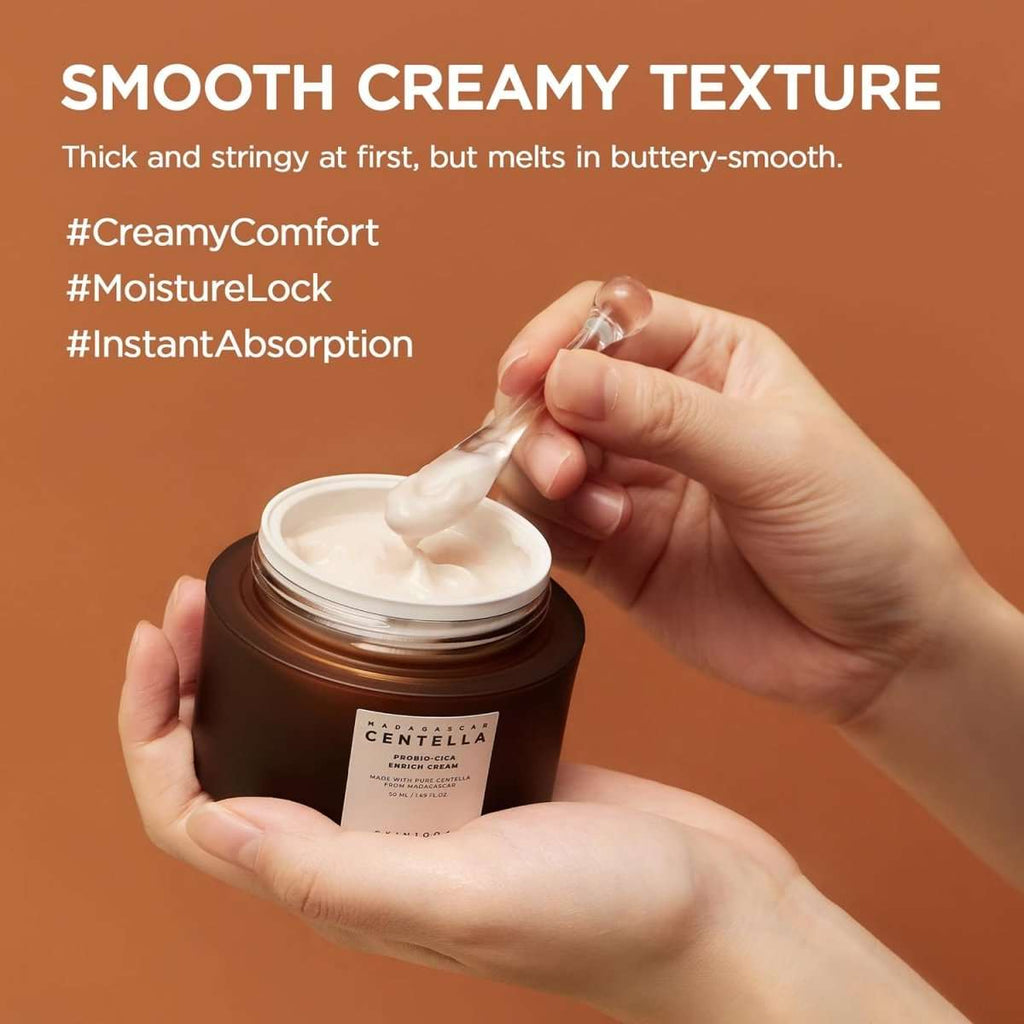 Lakinza K-beauty SKIN1004 Madagascar Centella Probio-Cica Enrich Cream in a 50ml jar, showing the cream's smooth texture.