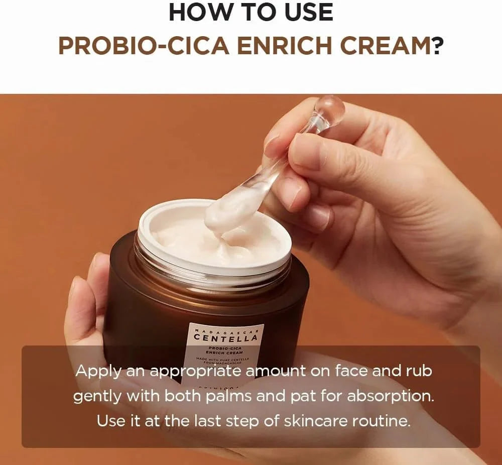 Lakinza K-beauty SKIN1004 Madagascar Centella Probio-Cica Enrich Cream 50ml jar with green label and white lid.