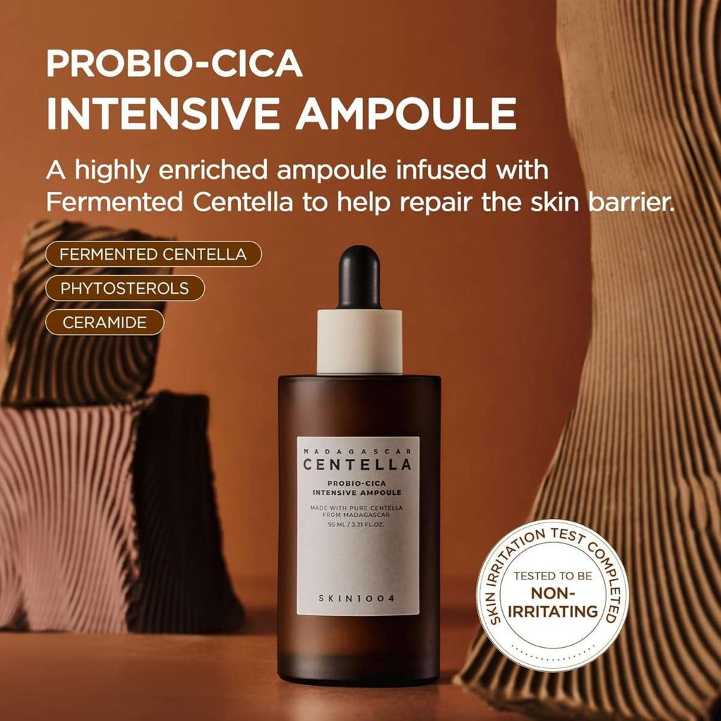 Lakinza K-beauty SKIN1004 Madagascar Centella Probio-Cica Intensive Ampoule bottle with product label and dropper applicator.
